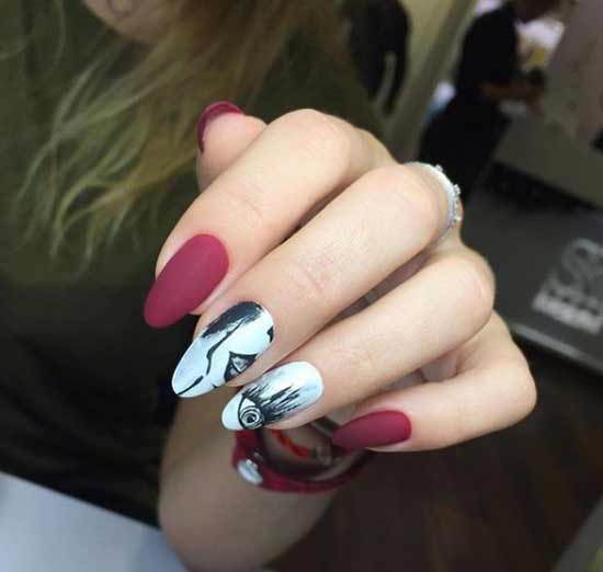 Burgundy nails with a beautiful design photo