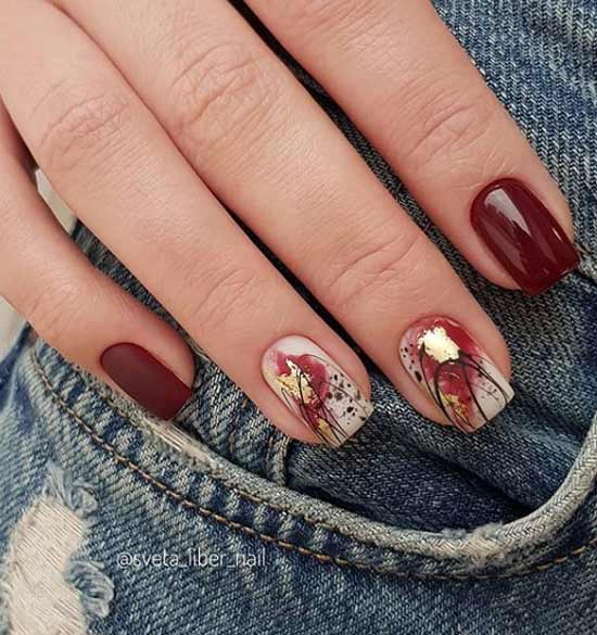 Burgundy and golden manicure