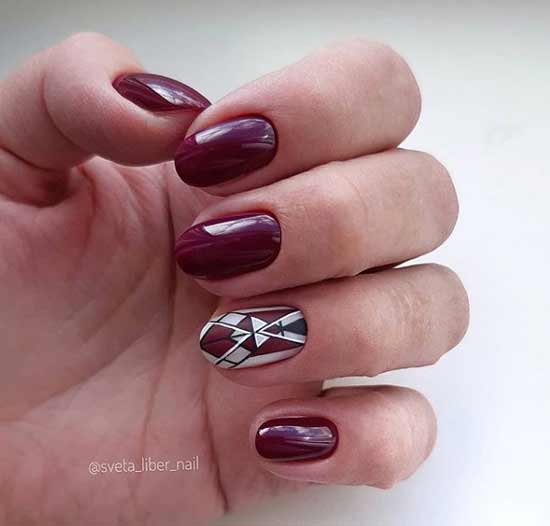 Burgundy with geometry manicure photo