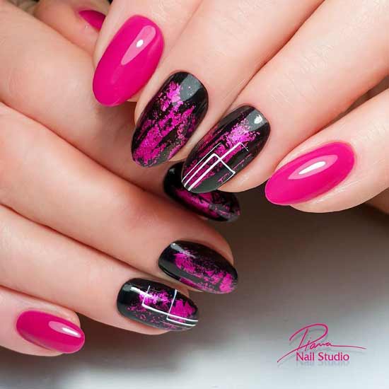 Black and pink manicure with spiderweb