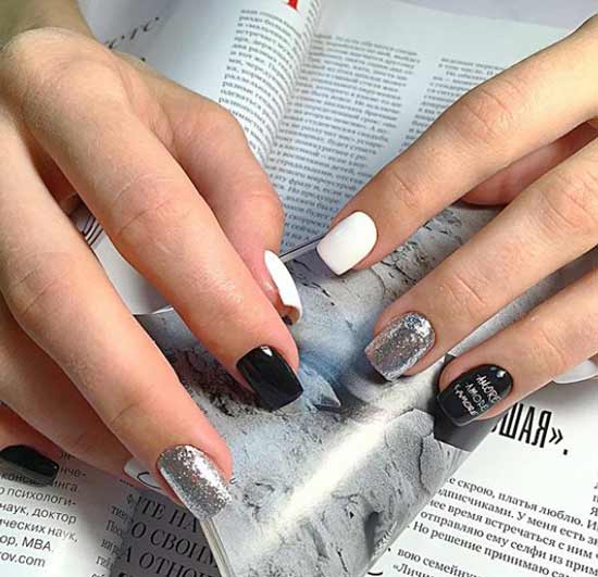 Black & White with Silver - Short Nails Design