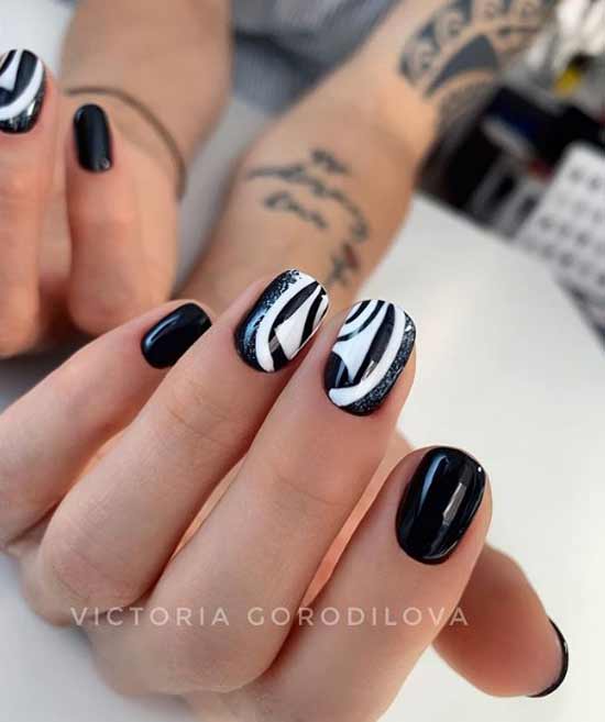 Black manicure with white print short length