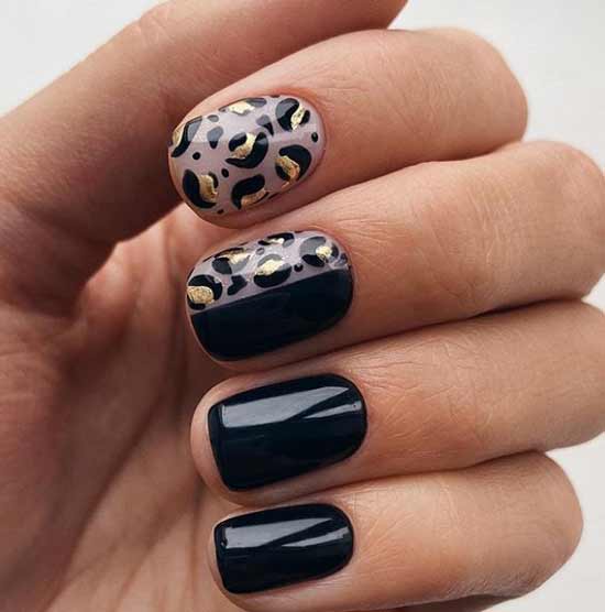 Black leopard print short manicure