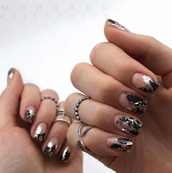 Manicure with black foil for short nails