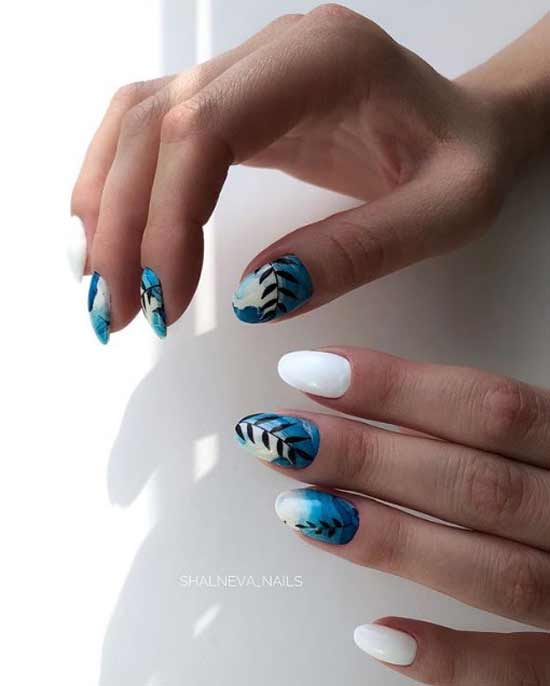 Blue and white manicure design