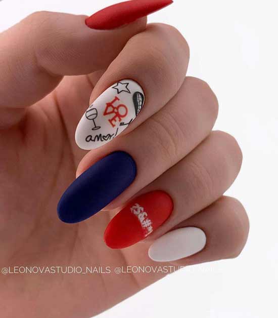 Blue and white red manicure