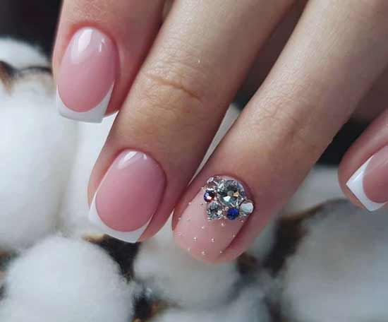 Short length French manicure with rhinestones