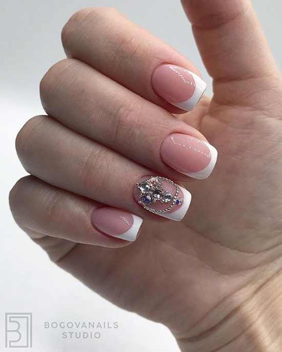 French with rhinestones on one nail