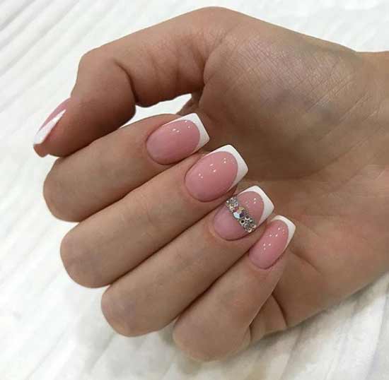 Short nails white French with rhinestones