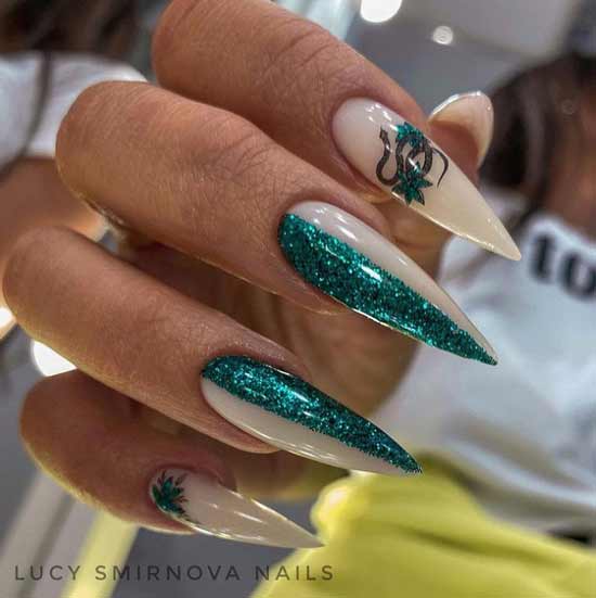 Long pointed nails with glitter