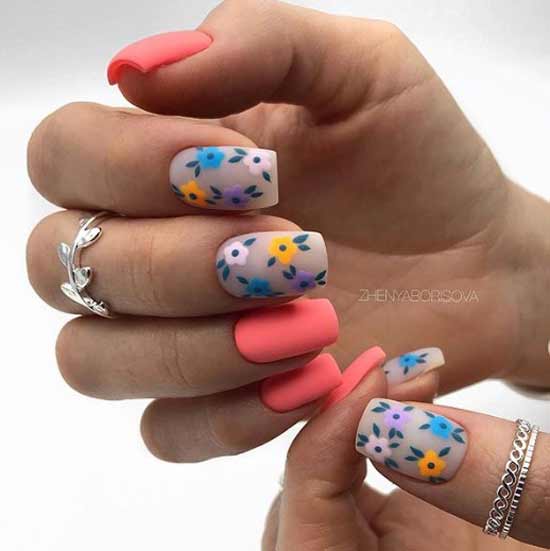 Coral manicure with spring flowers