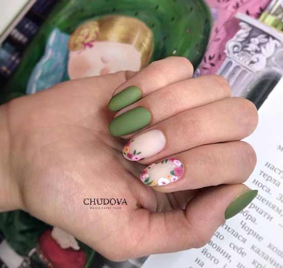 Beige and green manicure with a pattern for spring