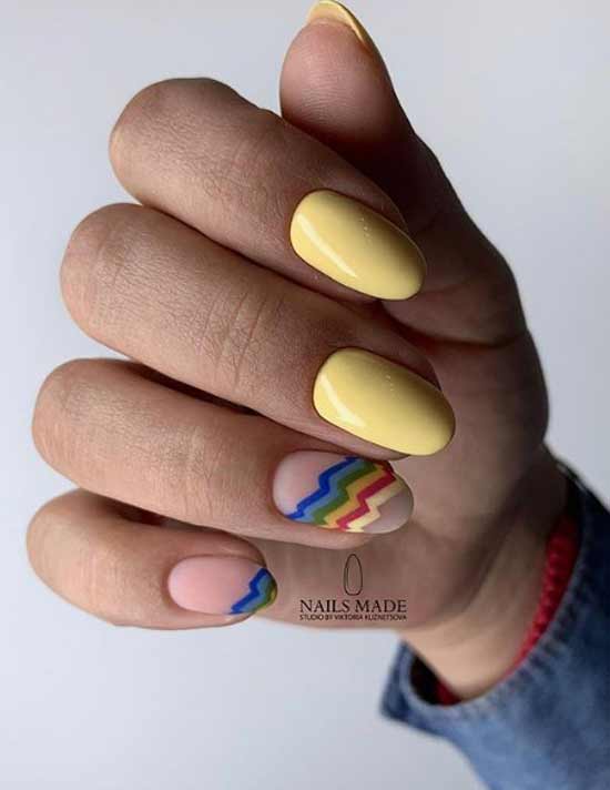 Light manicure with a bright print