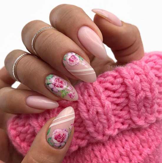 Nude manicure with floral ornament