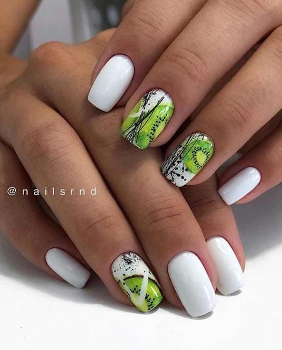 White manicure with fruits