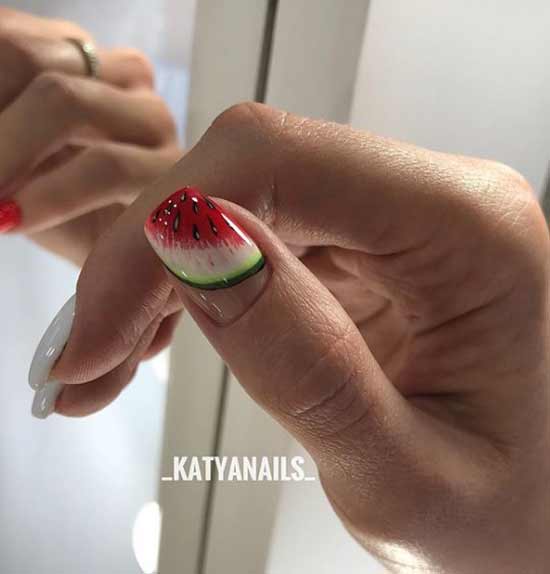 White manicure with watermelon