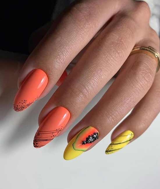 Coral yellow summer nail art