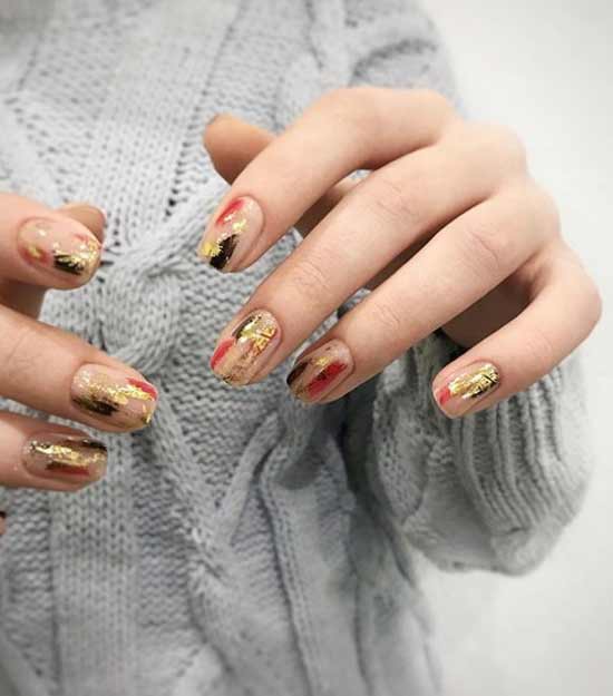 Nail design brush strokes and foil