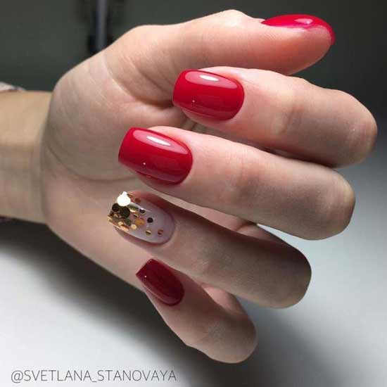 Red manicure with glitter