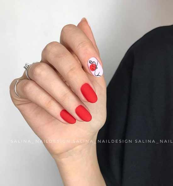 Red matte manicure with a pattern