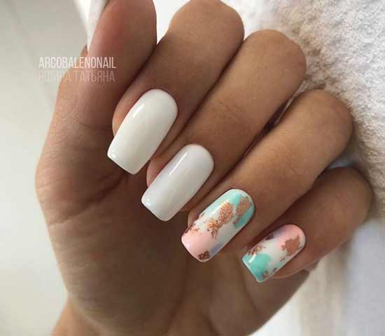 Turquoise foil strokes and white manicure background