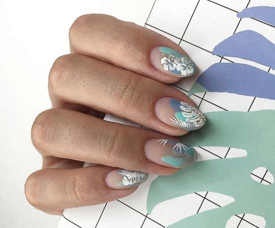 Manicure with a pattern in mint color