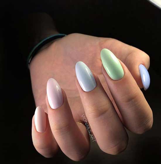 Pink, blue and mint in multi-colored manicure