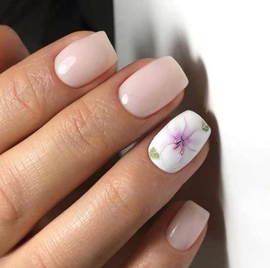 Beige with green flower manicure