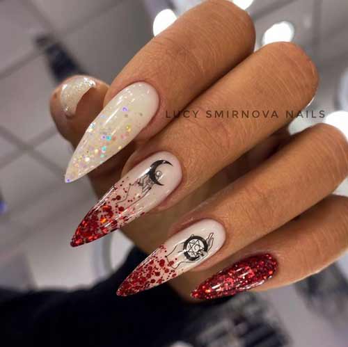 Sharp nails with red glitters