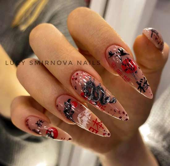 Sharp nails design with stickers