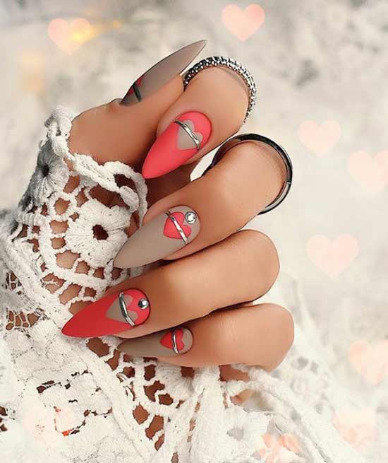 Red and beige manicure long nails