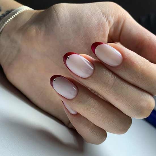 Red french nail art oval shape nails