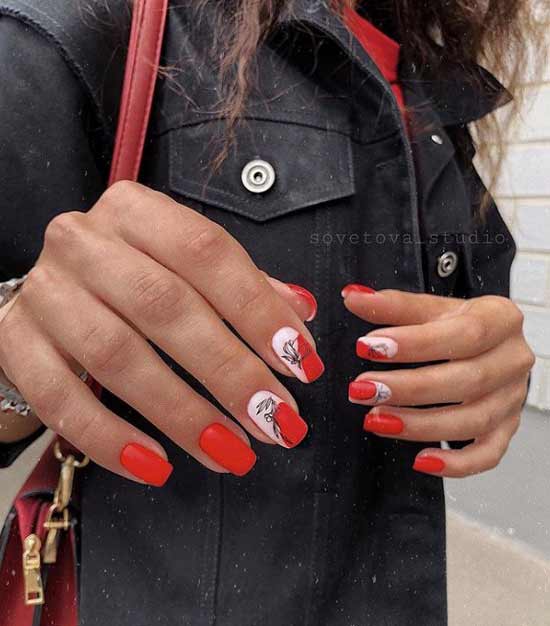 Red manicure with twigs