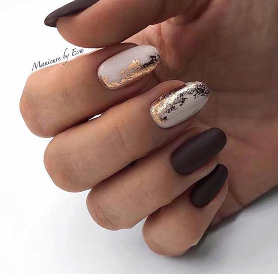 Gold foil and brown in manicure