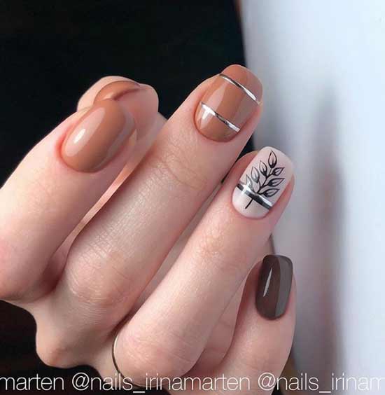 Brown nail with silver stripes