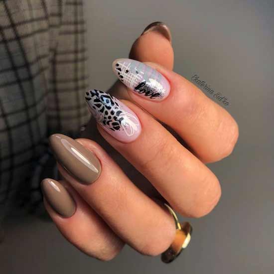 Brown manicure with stickers