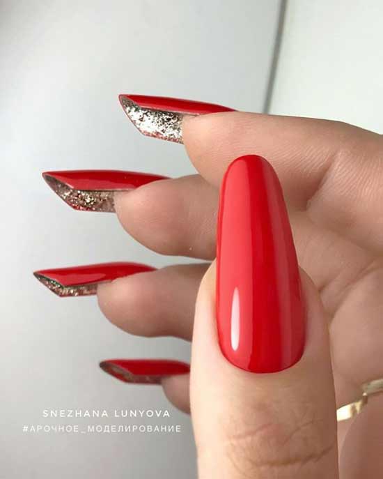 Red with gold long nails