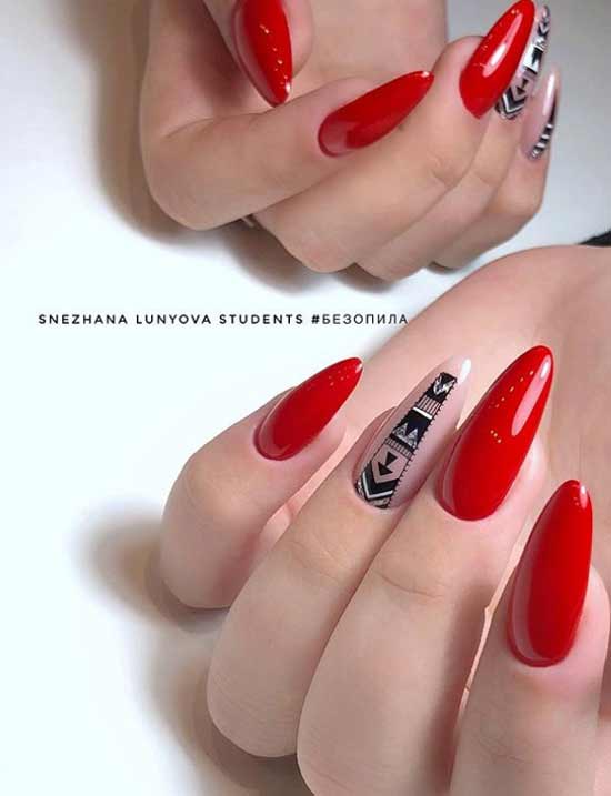 Beautiful red manicure with a pattern