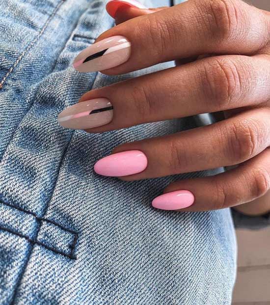 Beige and pink nail art long nails