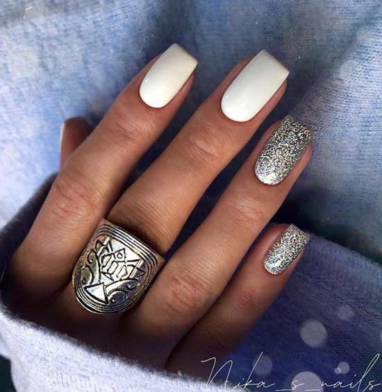 White-silver manicure long nails square shape