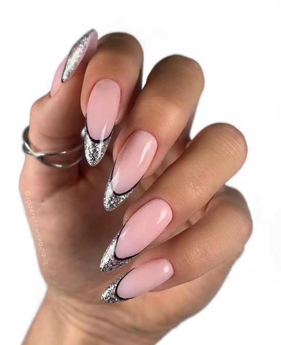 Silver black french long nails