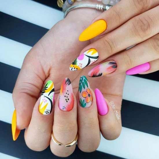 Bright manicure with drawings on all nails