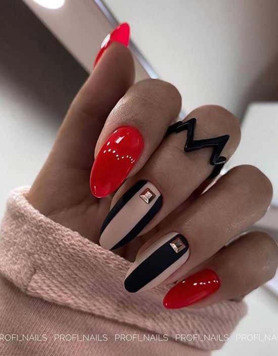 Red black and beige in manicure