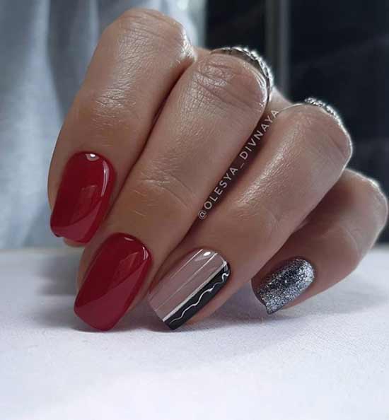 Black silver and red in manicure