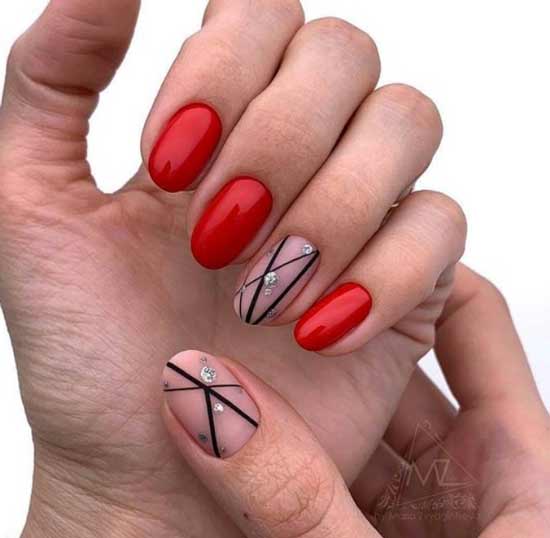 Géométrie en noir sur fond rouge d'ongles