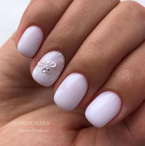 Milk manicure with volumetric decoration