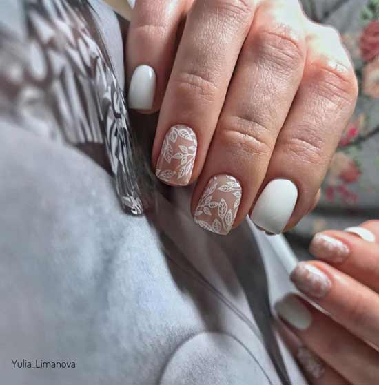 Bride's manicure with white pattern