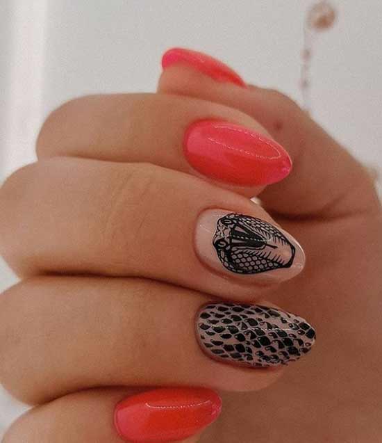 Red and black manicure with a snake