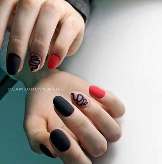 Black and red manicure with a snake