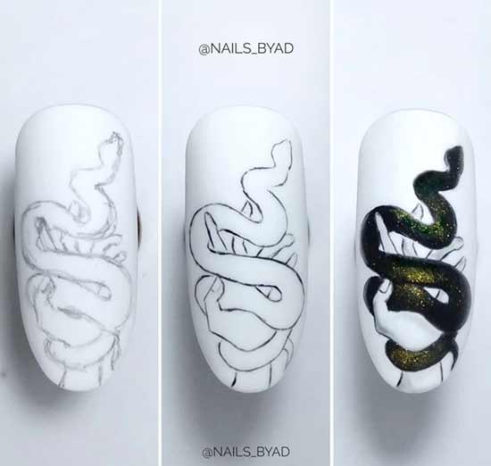 Step by step drawing of a snake on the nails